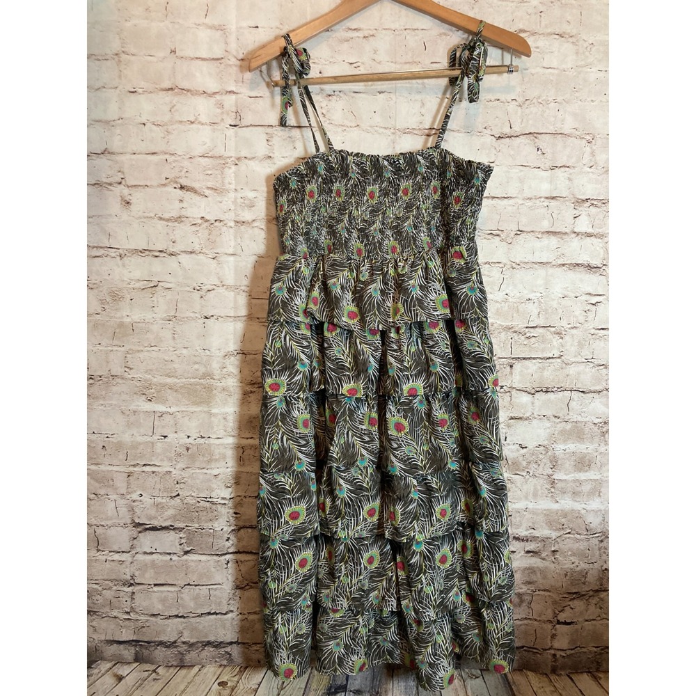 Liberty of London Dress Women Large Peacock Print Tiered Bow Tie Sleeves Smocked